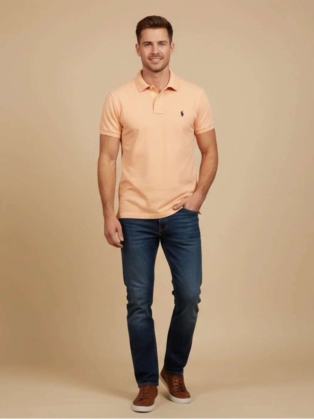 Polo by Ralph Lauren Peach Short Sleeve Classic Golf Polo Shirt Navy Pony Logo